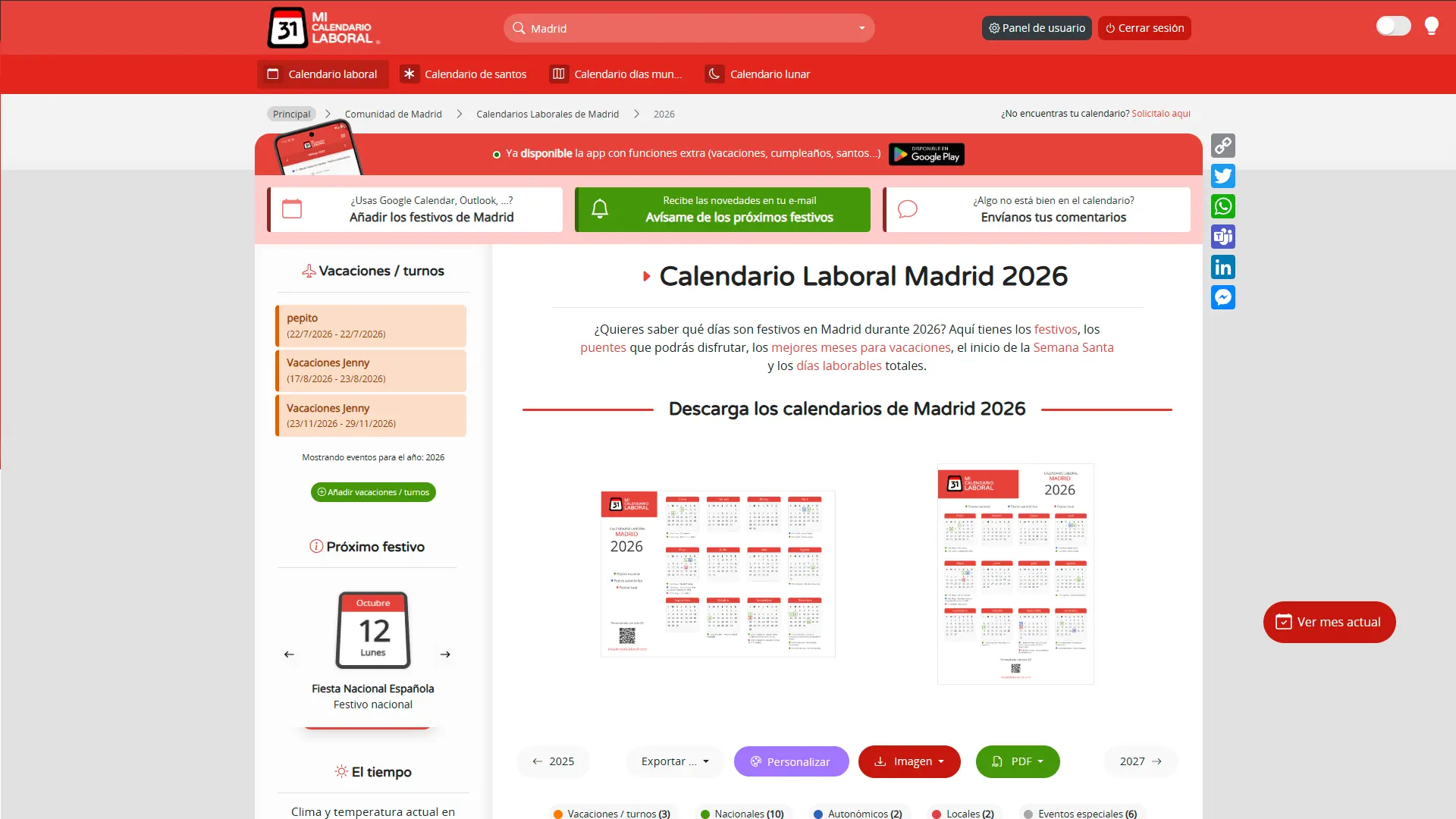 Captura de Mi Calendario Laboral: la ficha del calendario laboral de Madrid 2026, con el panel de vacaciones, el buscador de localidades y la rejilla de meses